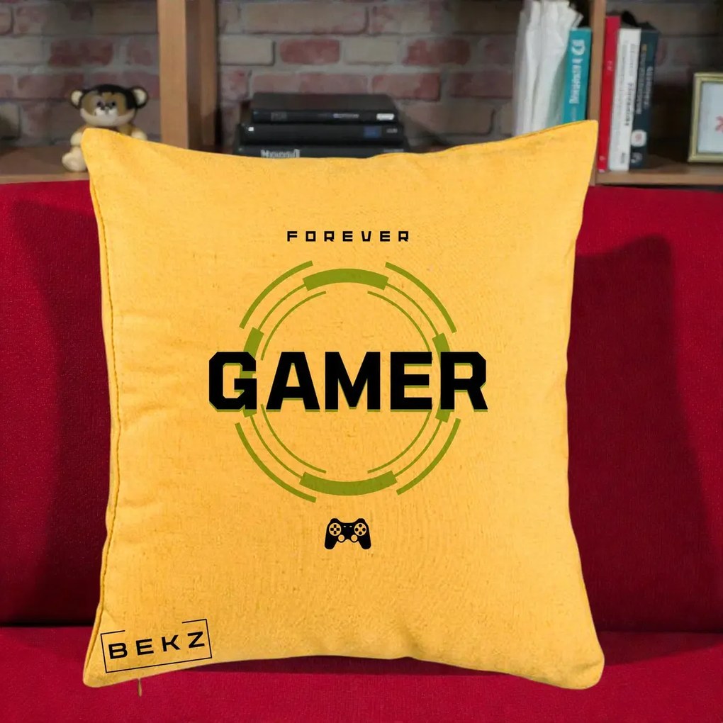 Perna Personalizata Forever Gamer, 40x40 cm, Galben, Husa Detasabila, Perna Inclusa, BEKZ®