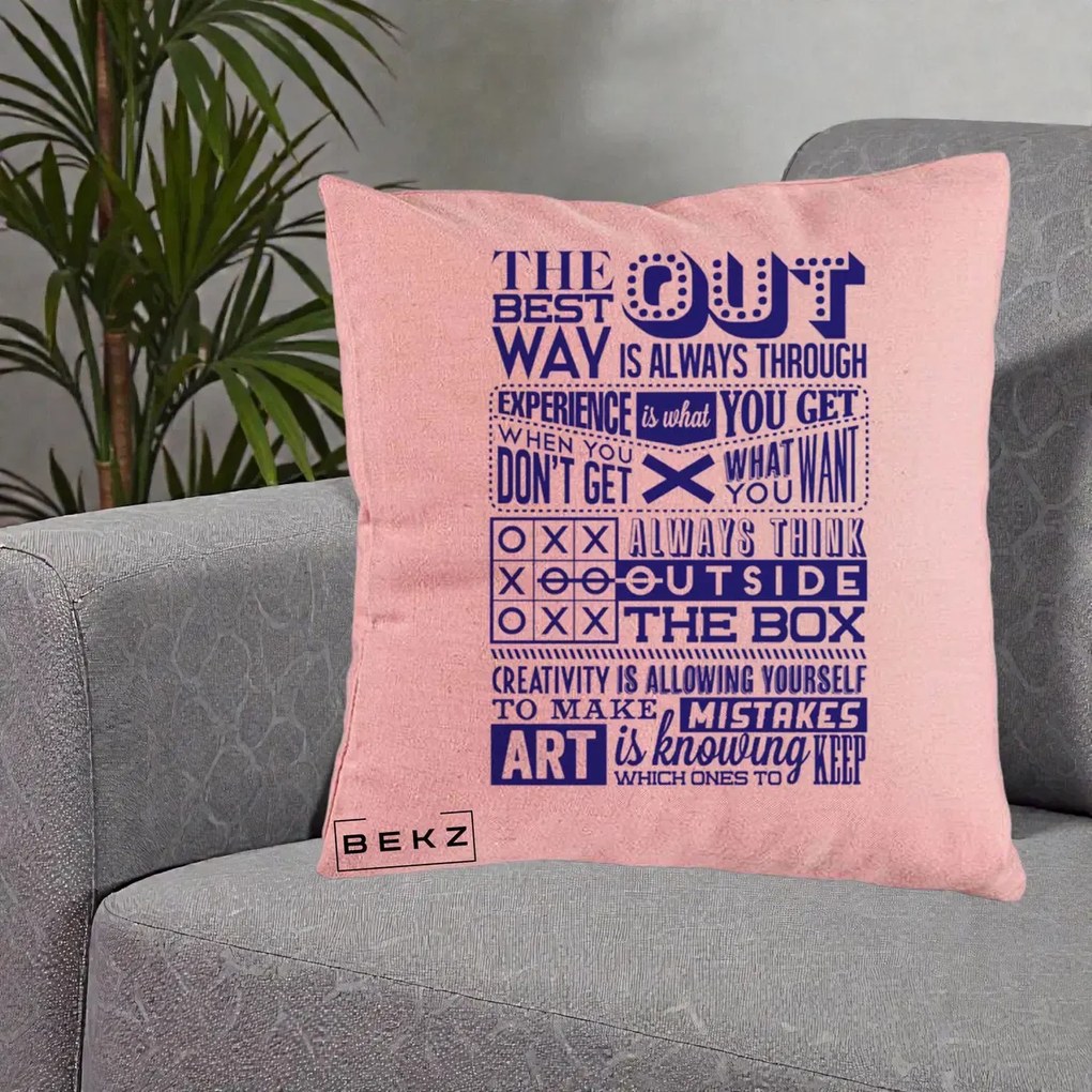 Perna Decorativa Citate Creativitate Albastru, 40x40 cm, Roz, Husa Detasabila, Perna Inclusa, BEKZ®