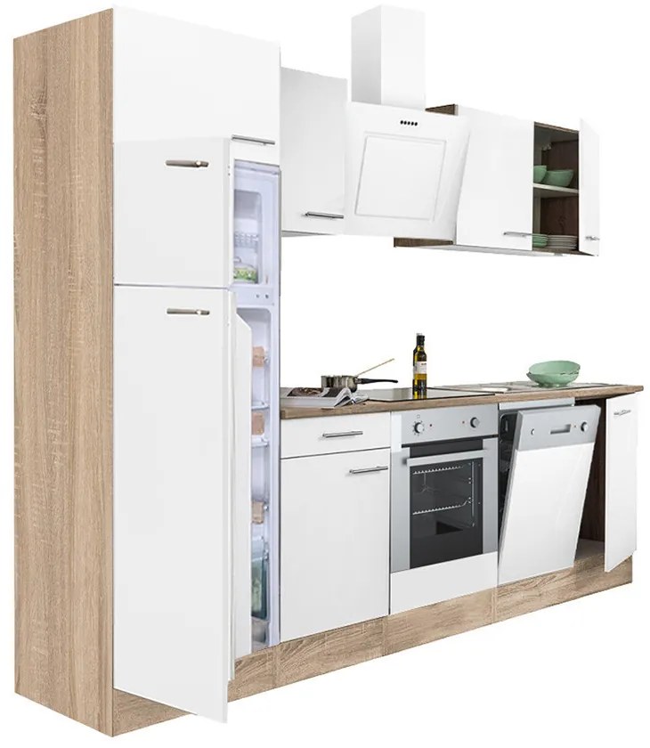 Mobilă de bucătărie Yorki 280, corp din stejar sonoma, față alb satinat, element cuptor inferior, frigider congelator superior