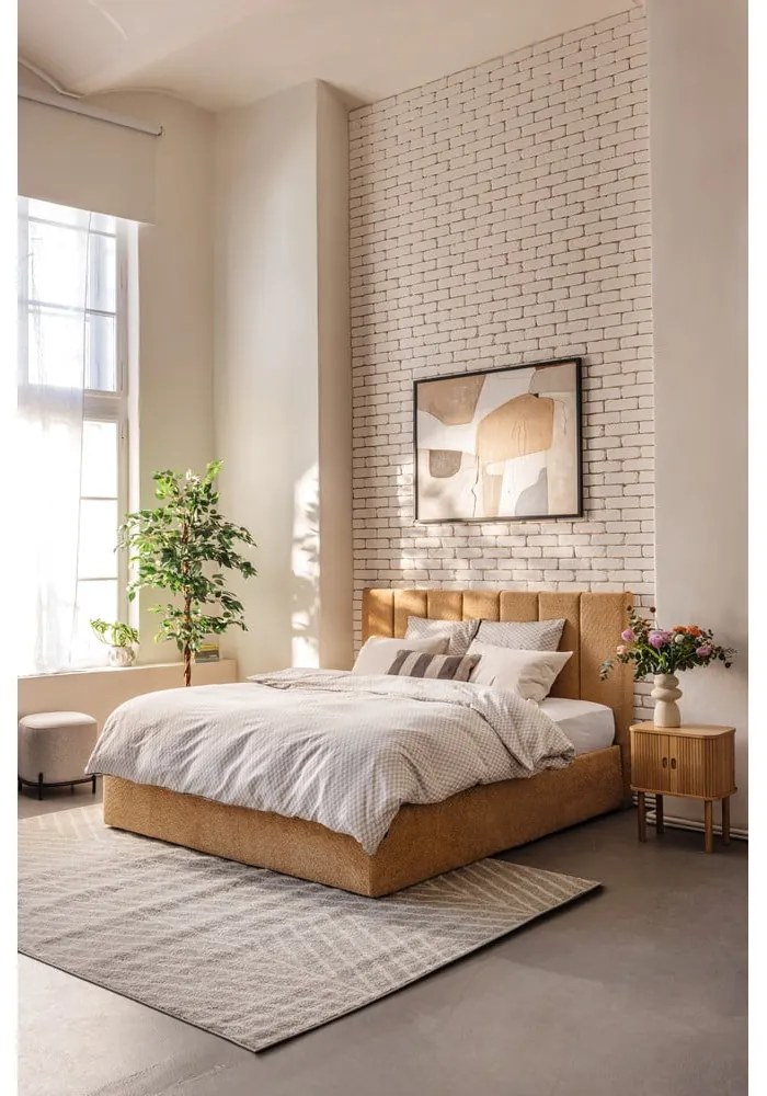 Pat matrimonial galben muștar tapițat cu spațiu de depozitare cu somieră 180x200 cm Thessa Bold Line – Bonami Selection