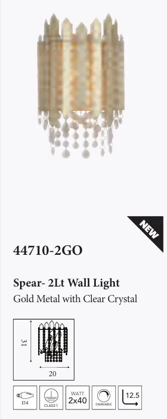 Aplica de perete metal auriu, cristale din sticla Spear