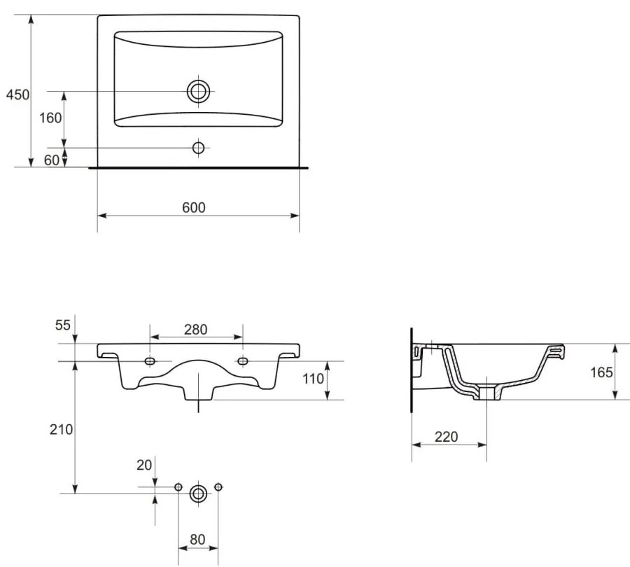 Set dulap baie suspendat Lara 2 sertare cu lavoar Cersanit Como inclus, 60 cm, gri 600x450 mm