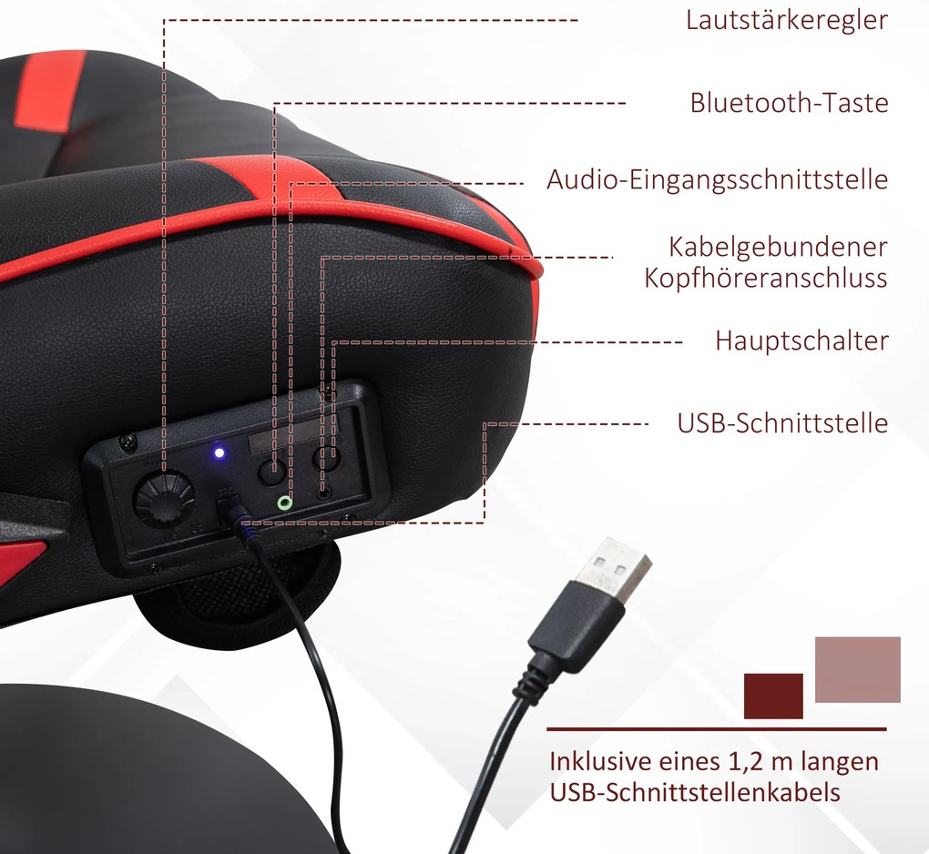 Scaun de gaming Vinsetto, scaun de gaming, difuzoare integrate, spătar inclinabil, negru+roșu, 69 x 73 x 118cm | Aosom Romania