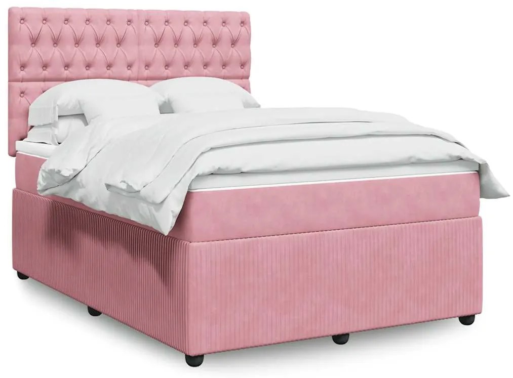 vidaXL Pat box spring cu saltea, roz, 140x200 cm, catifea