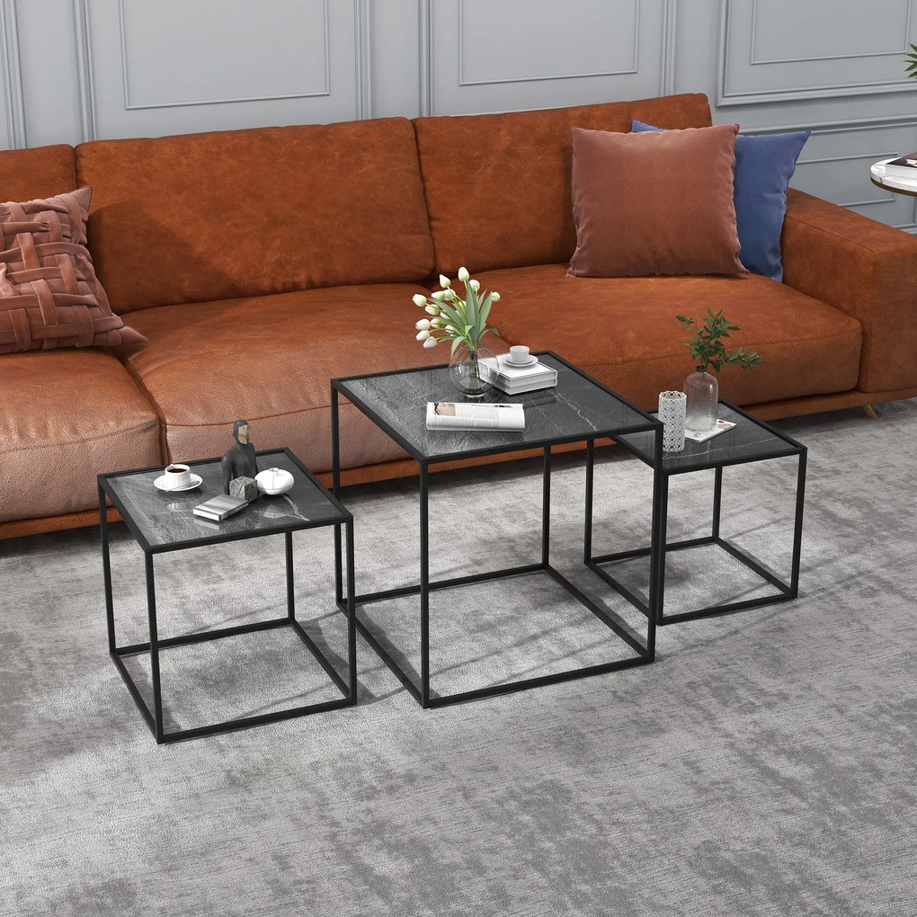 HOMCOM Set de 3 Măsuțe Suprapuse Negre, Mese Laterale Stivuibile pentru Canapea, Design Modern și Versatil | Aosom Romania