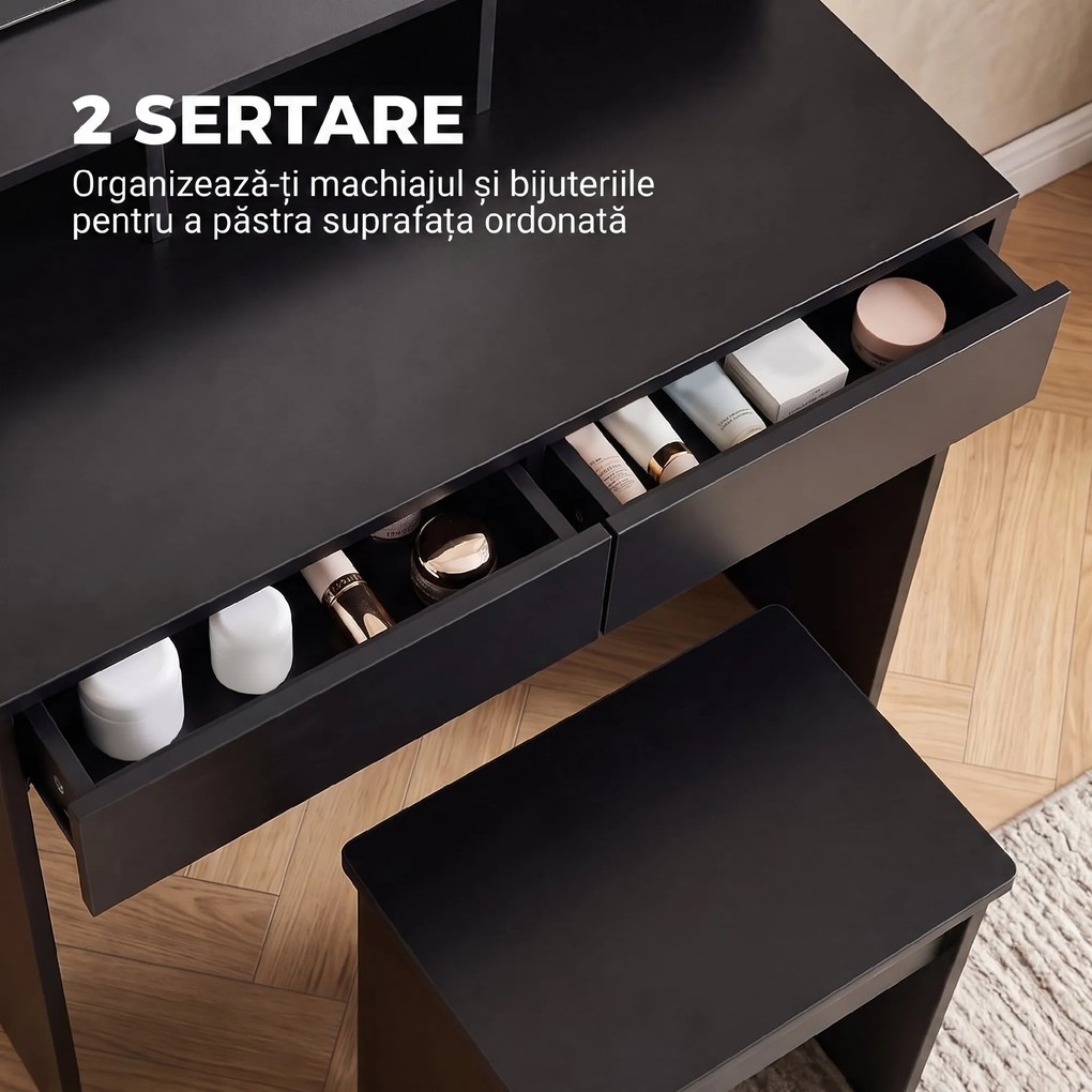 HOMCOM Masă de Toaletă cu Oglindă, 3 Rafturi, 2 Sertare, 75x38x135 cm, Negru | Aosom Romania