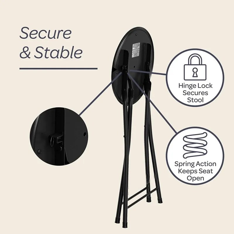 Taburet pliabil pentru living, bucatarie si camping HouseXL™ Black Folding Tobouret, Diametru 30 cm, Design ergonomic, Picioare metalice, Negru