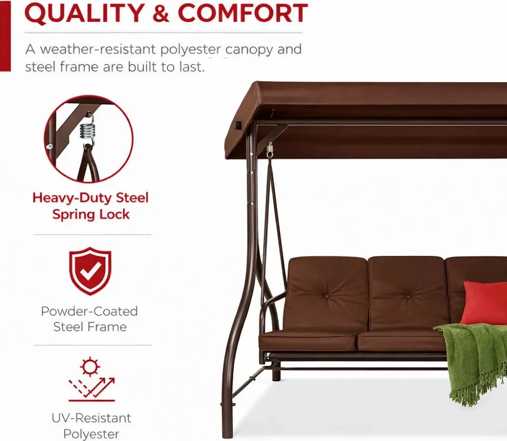 Leagan de grădină, șezlong tip pat, 3 locuri, copertina reglabila, cadru otel, 194x120x173 cm, Maro