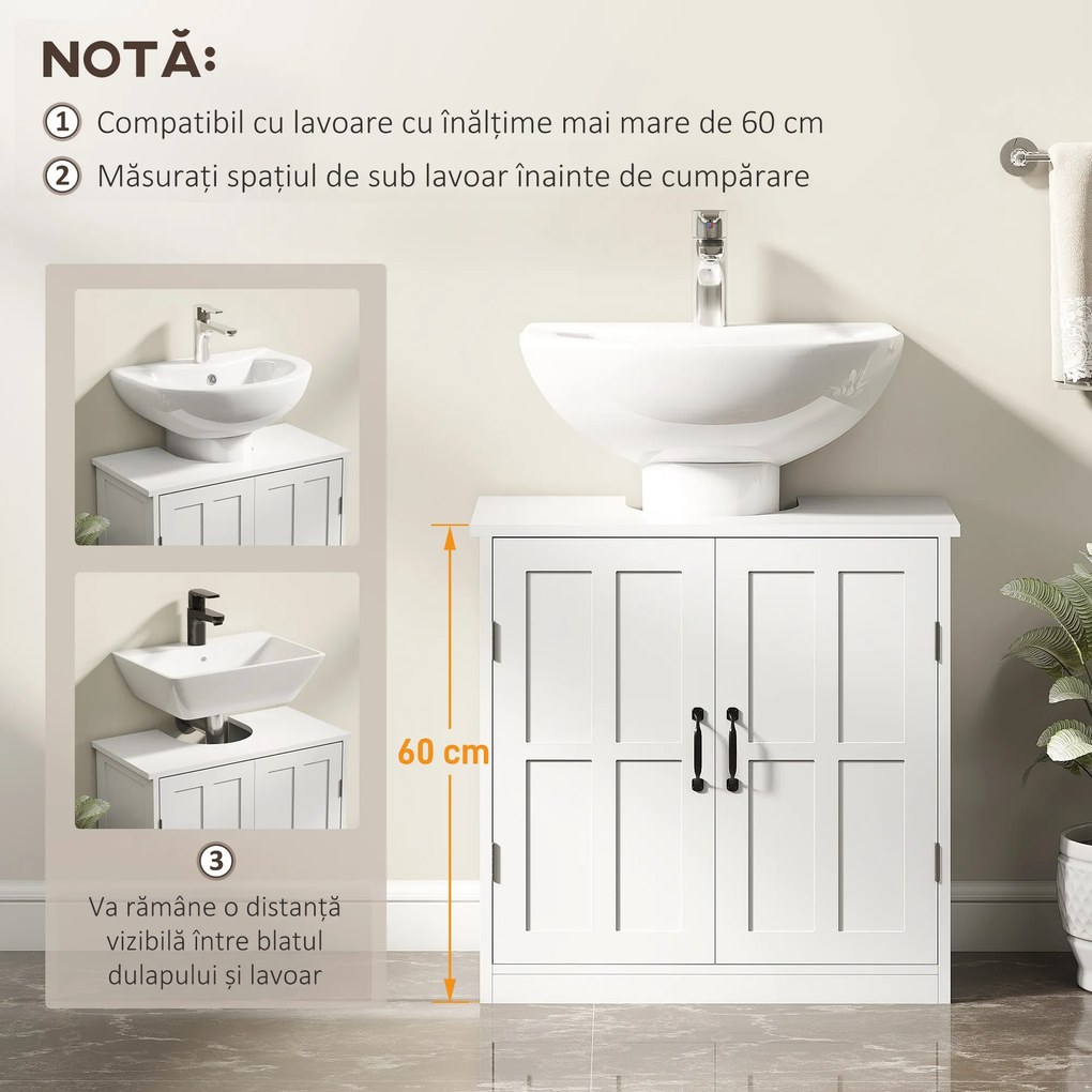 kleankin Dulap pentru Chiuvetă cu Piedestal, Dulap Sub Chiuvetă cu 2 Uși și Raft Reglabil, Dulap de Baie cu Decupaj în Formă de U, Alb | Aosom Romania
