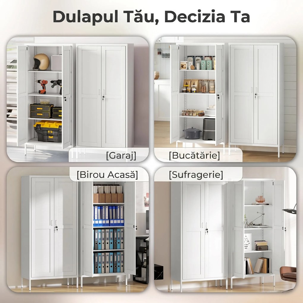 HOMCOM Dulap pentru Birou în Oțel cu 3 Rafturi Reglabile cu Serratură și 2 Chei, 80x40x175 cm, Alb | Aosom Romania