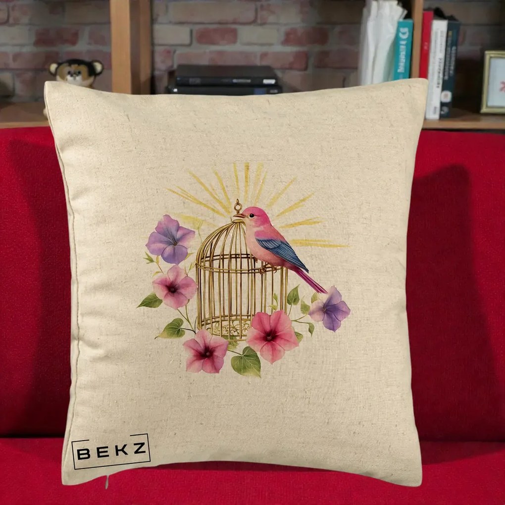 Perna Decorativa Pasare Roz pe Colivie Aurie cu Flori, 40x40 cm, Bej, Husa Detasabila, Perna Inclusa, BEKZ®