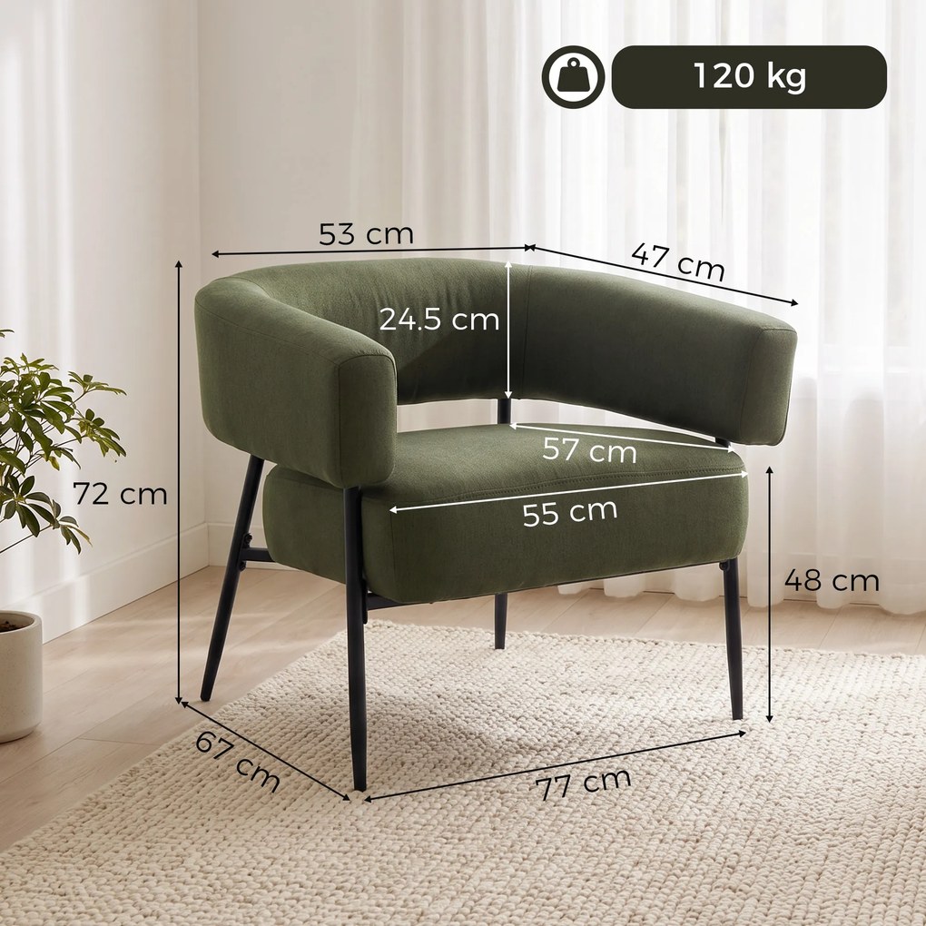 HOMCOM Fotoliu tapițat pentru living din țesătură cu aspect de in, șezut lat și adânc, spătar curbat, verde închis | Aosom Romania