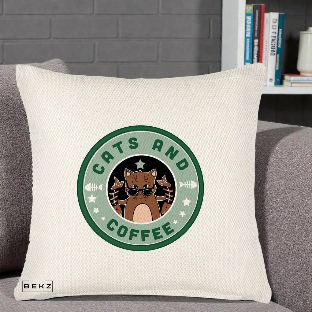 Perna Personalizata Cats and Coffee Starbucks, 40x40 cm, Crem Reliefat, Husa Detasabila, Perna Inclusa, BEKZ®