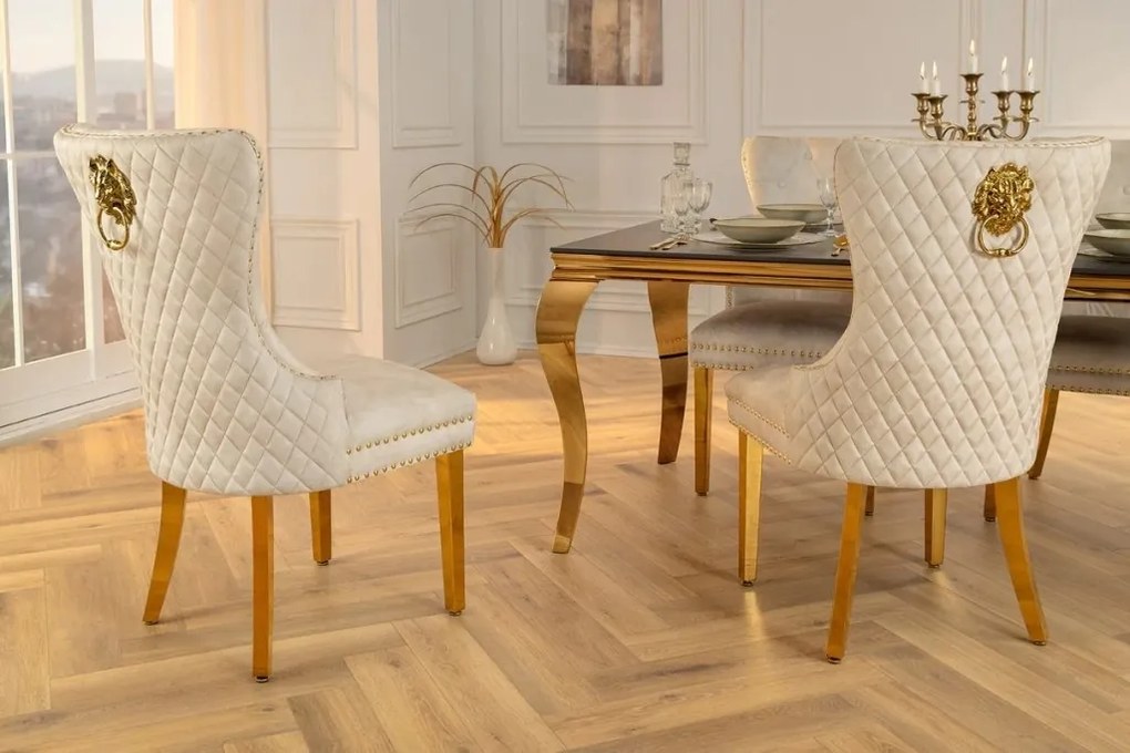 Set 2 scaune Stil Baroc, Catifea, Bej, Metal, Auriu, Castle