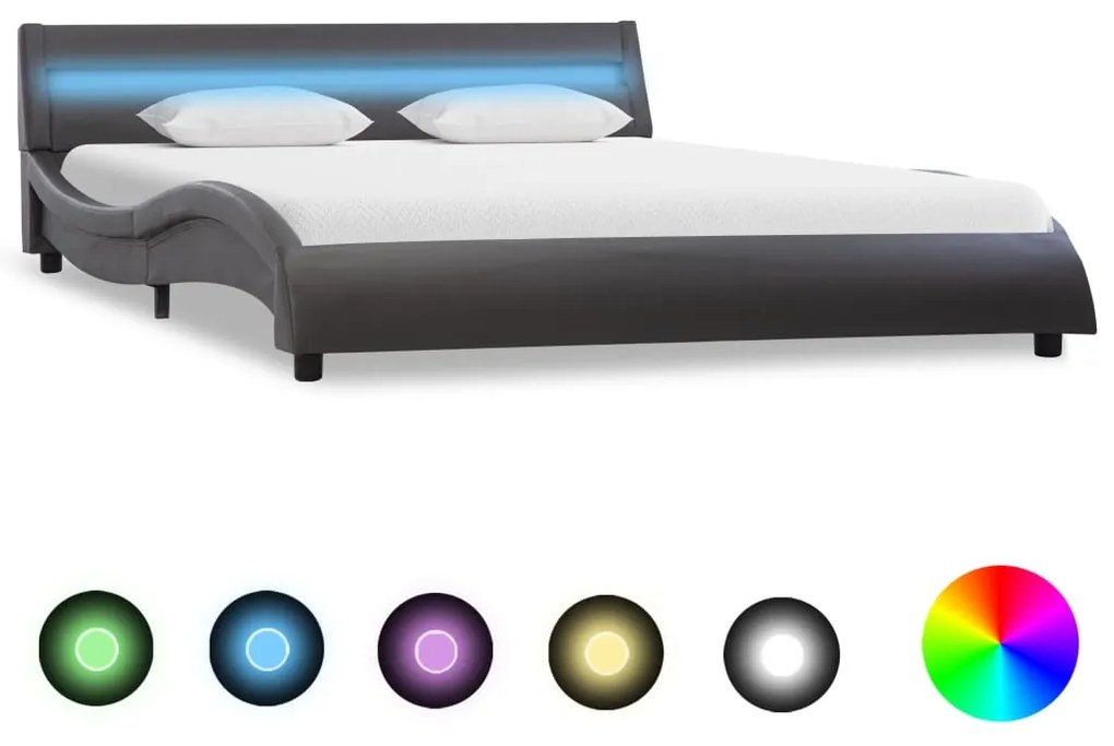 285693 vidaXL Cadru de pat cu LED, gri, 140 x 200 cm, piele ecologică