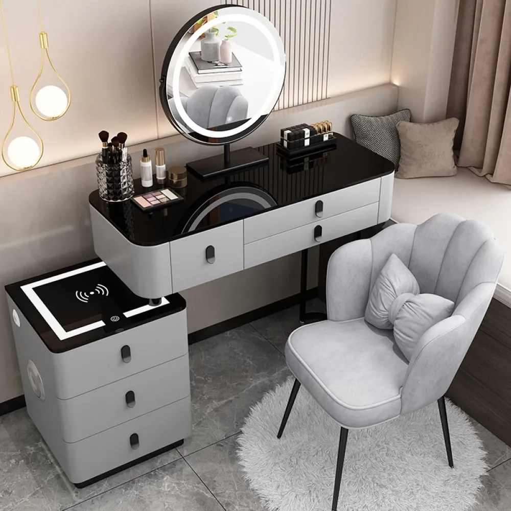 RESIGILAT- Set Margot Long, Masă de toaletă pentru machiaj cu oglindă iluminată LED, control touch, 6 sertare, comoda, scaun, Difuzor Bluetooth, zona încărcare fără fir, Gri, 100x40x75 cm