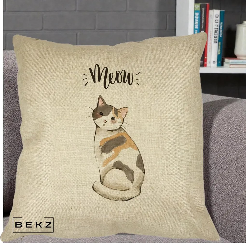 Perna Personalizata Pisica Meow Acuarela, 40x40 cm, Crem, Husa Detasabila, Perna Inclusa, BEKZ®