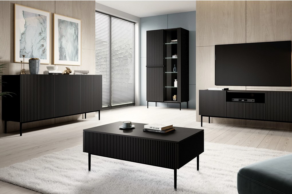 Masuta de cafea Nicole 120 cm cu sertare si picioare metalice - negru mat / picioare negre