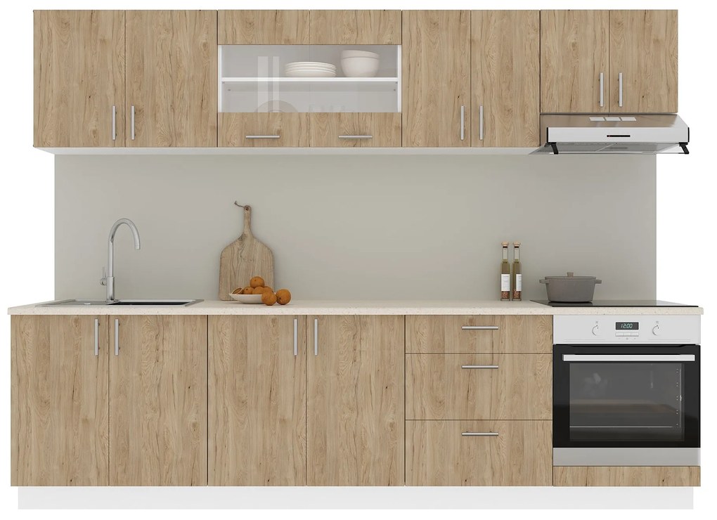 Set Bucatarie Karo V22, Lemn Natural/Alb, Blat Thermo 28 mm, L 280 cm