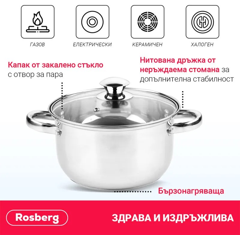 Set oale Rosberg R51210O6, 6 piese, 3-5 L, Capac din stica, Inox