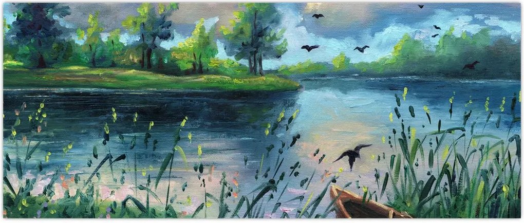 Tablou- Pictură în ulei, seară de vară lângă lac (120x50 cm)