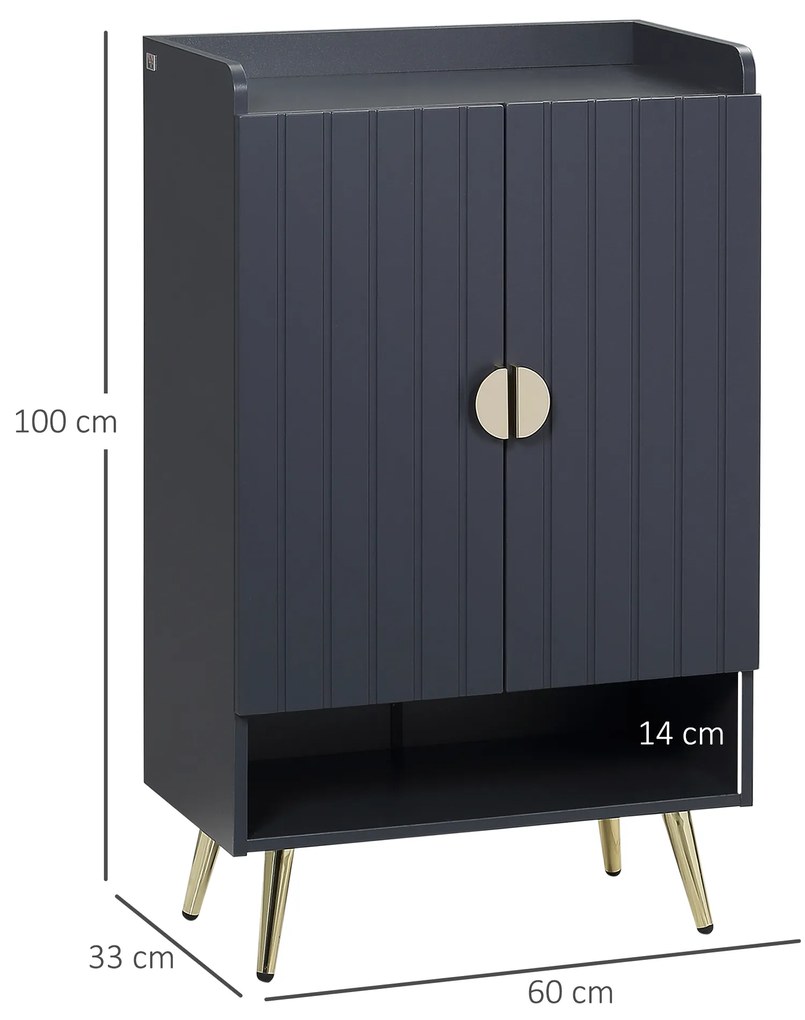 HOMCOM Dulap de pantofi modern cu 4 niveluri, cu 2 usi si rafturi reglabile pentru pana la 15 pantofi, din PAL si otel, 60x33x100 cm, gri si auriu | Aosom Romania
