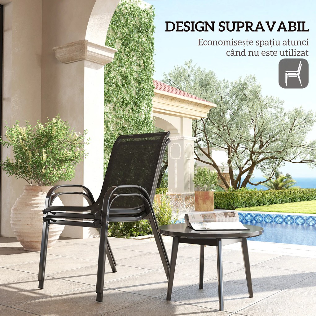 Outsunny Set de 2 Scaune de Prânz pentru Exterior, Scaune Suprapozabile cu Spătar Înalt, Șezut Respirabil pentru Grădină, Verandă, Negru | Aosom Romania