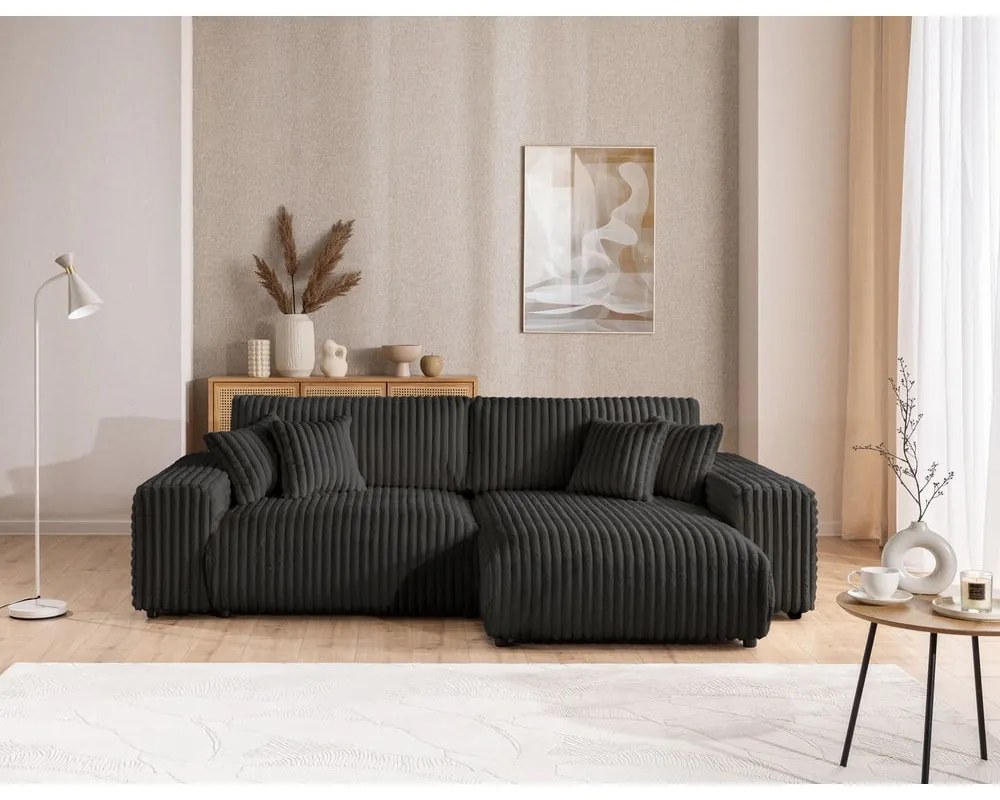 Colțar gri închis extensibil, cu spațiu de depozitare, cu tapițerie din catifea reiată (cu colț pe partea dreaptă) Sarina – Ropez