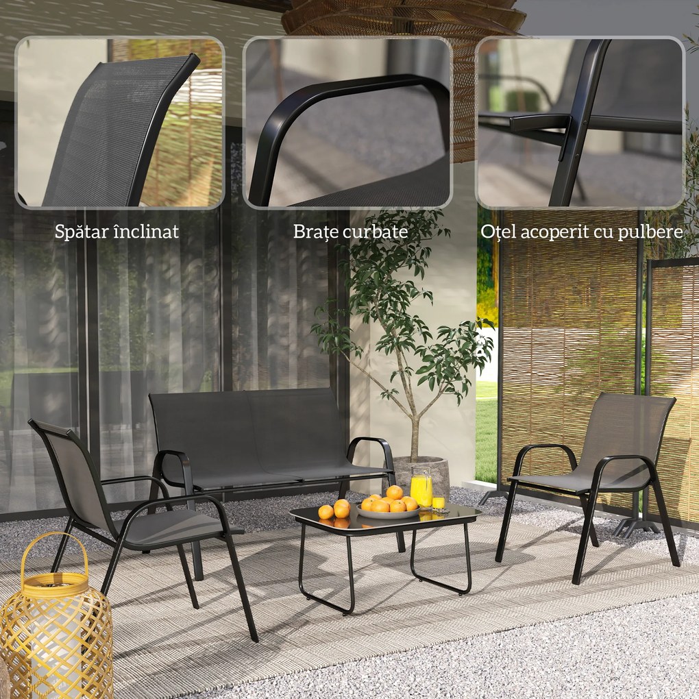 Outsunny Set Mobilier de Grădină din 4 Piese cu Canapea, 2 Scaune Stivuibile și Măsuță de Cafea, 113x66x79 cm, Negru | Aosom Romania