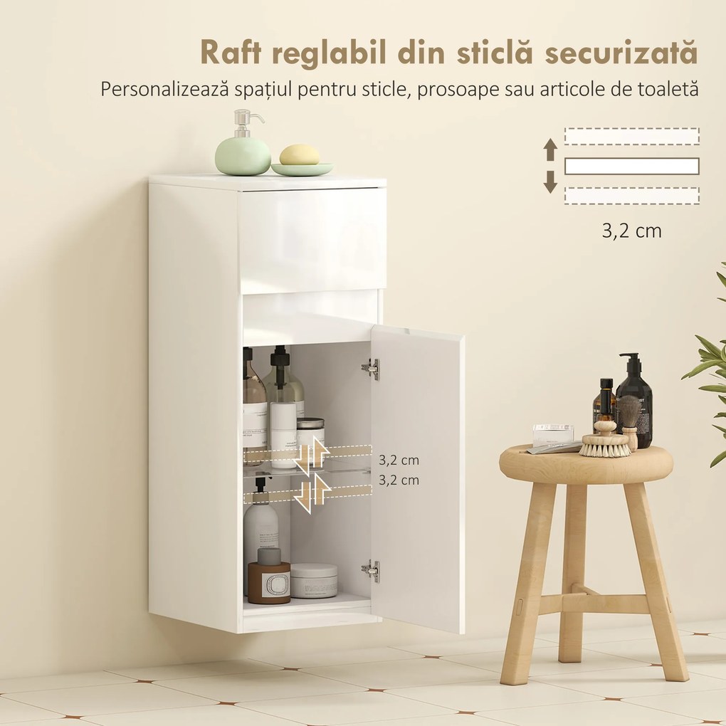 HOMCOM Dulap de Baie Suspendat cu Sertar și Ușă Lucioasă, Raft Reglabil din Sticlă Securizată, 30x34x79,4 cm, Alb Lucios | Aosom Romania