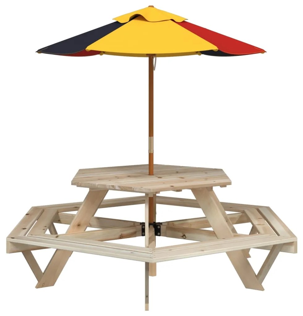 3281625 vidaXL Masă picnic pentru 6 copii cu umbrelă, hexagon, lemn masiv brad