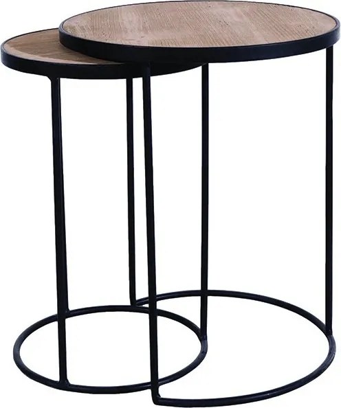 Set 2 măsuțe de cafea rotunde din lemn și metal, natur, cu cadru negru, finisaj mat, 53 x 45 cm, „Brooklyn”