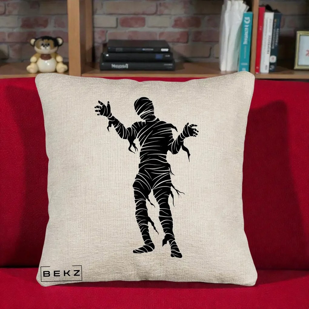 Perna Decorativa Mormii Infricosat Silueta Neagra Halloween, 40x40 cm, Bej Canapea, Husa Detasabila, Perna Inclusa, BEKZ®