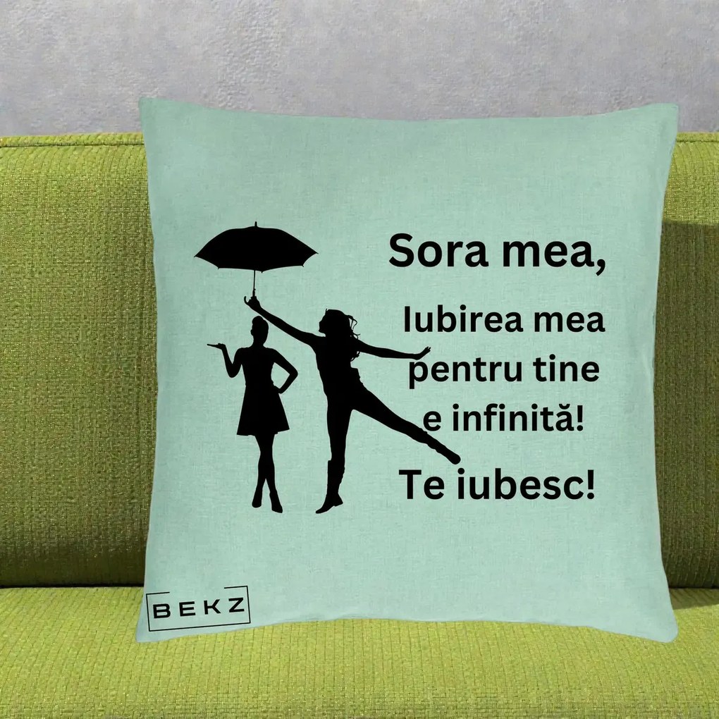 Cadou pentru Sora - Perna Personalizata Sora Mea Te Iubesc Siluete Negre cu Umbrela, 40x40 cm, Verde Menta, Husa Detasabila, Perna Inclusa, BEKZ®