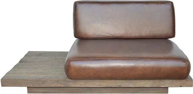 Canapea 1 loc din piele naturală maro, cu bază din lemn reciclat și blat lateral pe dreapta, aspect rustic, 82 x 140 x 90 cm, „Pure Right”