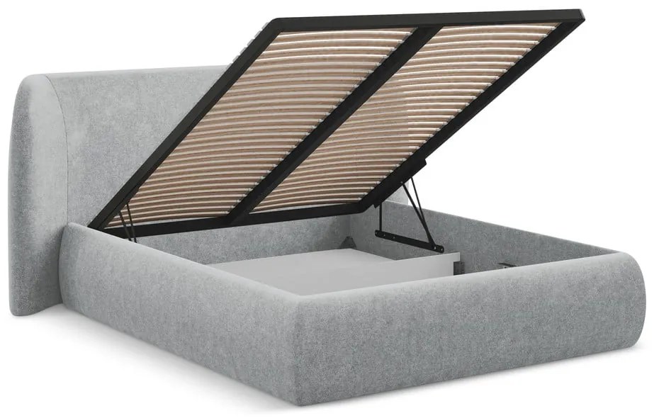 Pat matrimonial gri deschis tapițat cu spațiu de depozitare cu somieră 180x200 cm Hauke – Makamii