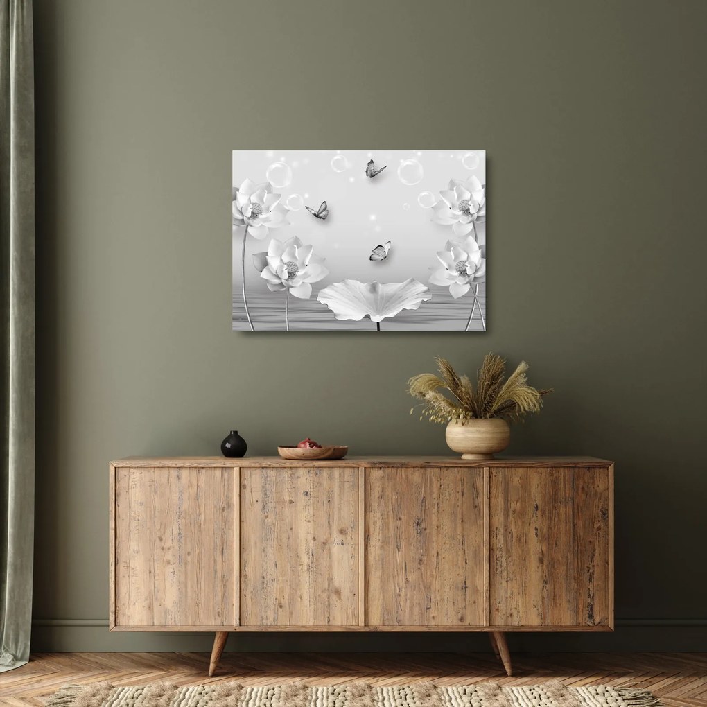 Tablou pe sticlă - Design flori și fluturi (70x50 cm)