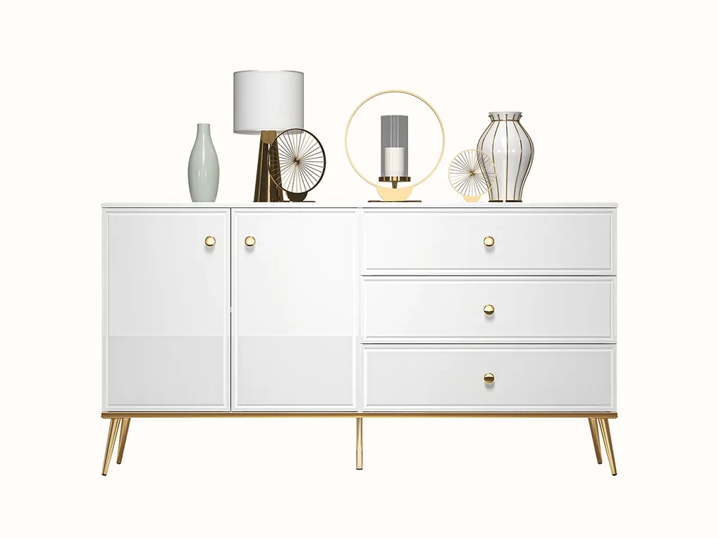 Comoda de lux, alb mdf alb lucios auriu, 3 sertare si 2 usi, inchidere silentioasa usi -sertare, 160 cm lungime, canturi abs, usi si sertare cu