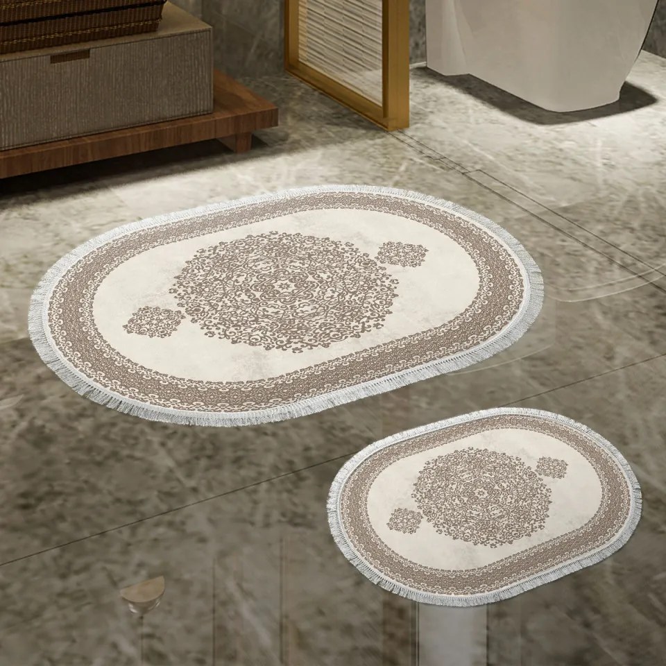 Set 2 Covorase de Baie 410602-O, Poliester, Crem / Bej