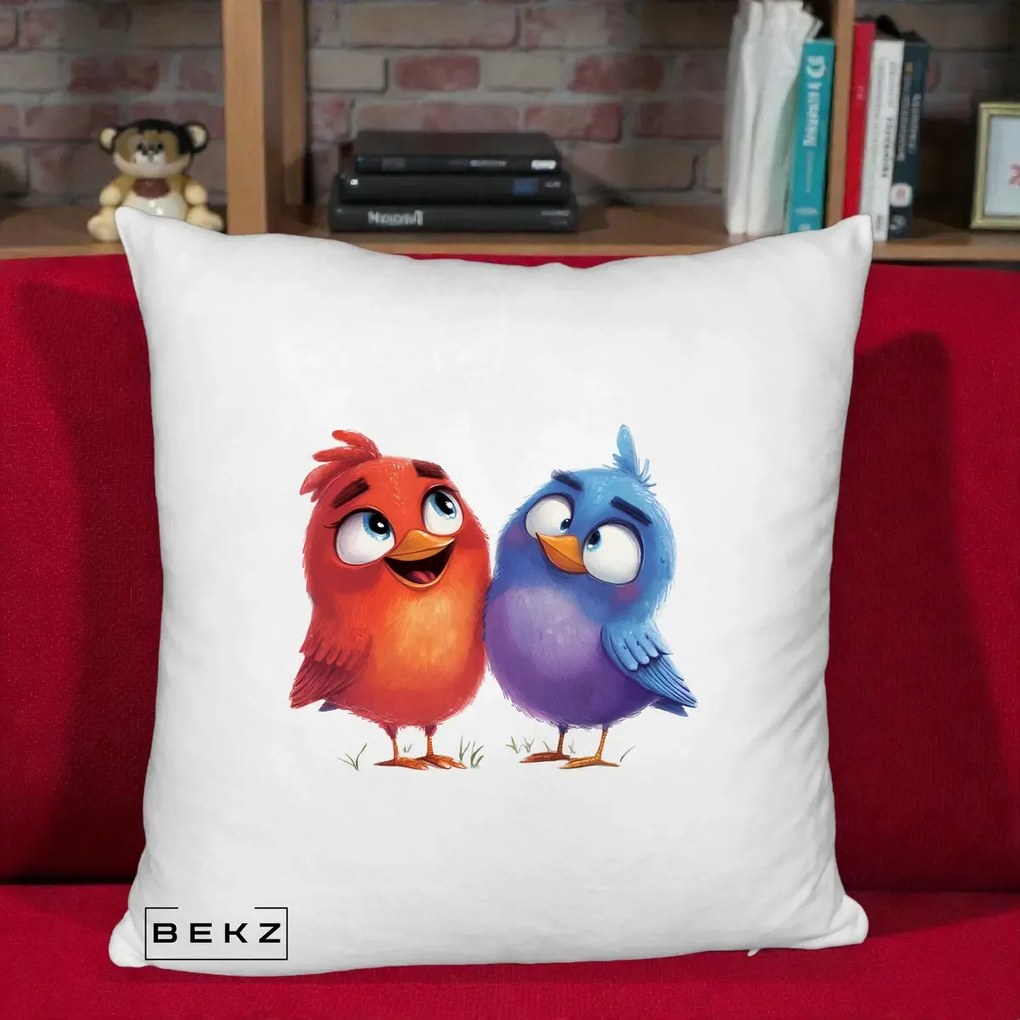 Perna Decorativa Pasarele Vesele Duo, 40x40 cm, Alb Pufos, Husa Detasabila, Perna Inclusa, BEKZ®