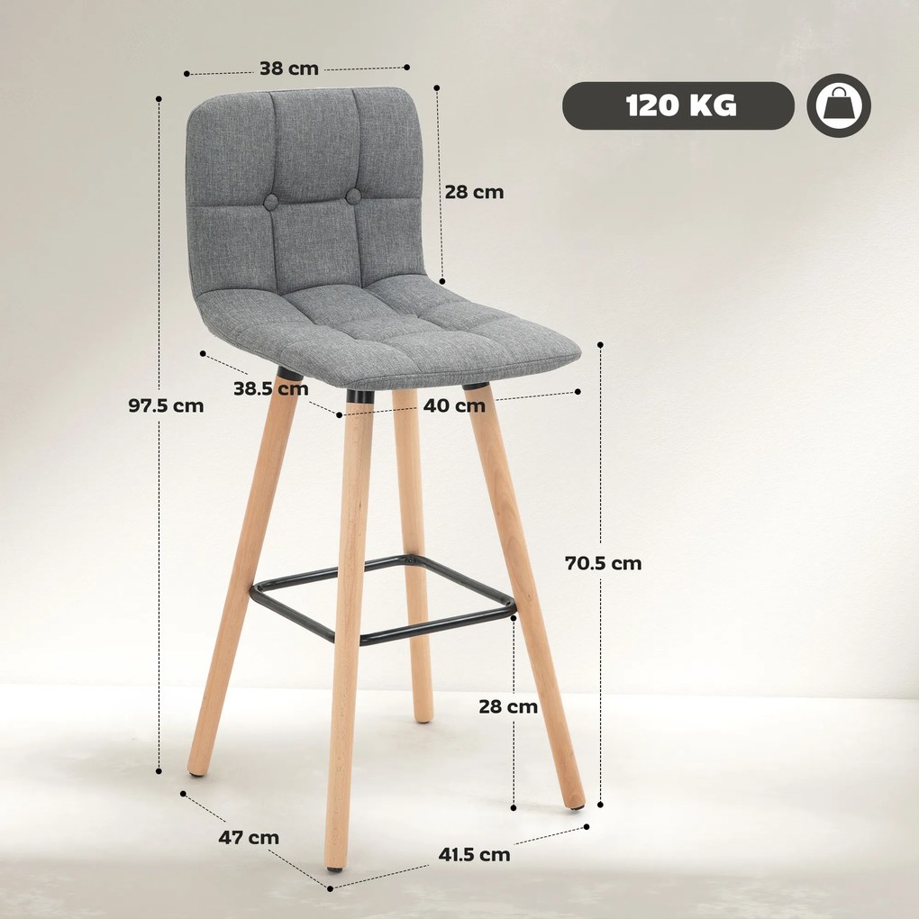 HOMCOM Set 2 Taburete de Bar, Spătar, Tesătură Efect de In și Lemn, 41.5x47x97.5 cm, Gri, Confortabil și Stilat | Aosom Romania