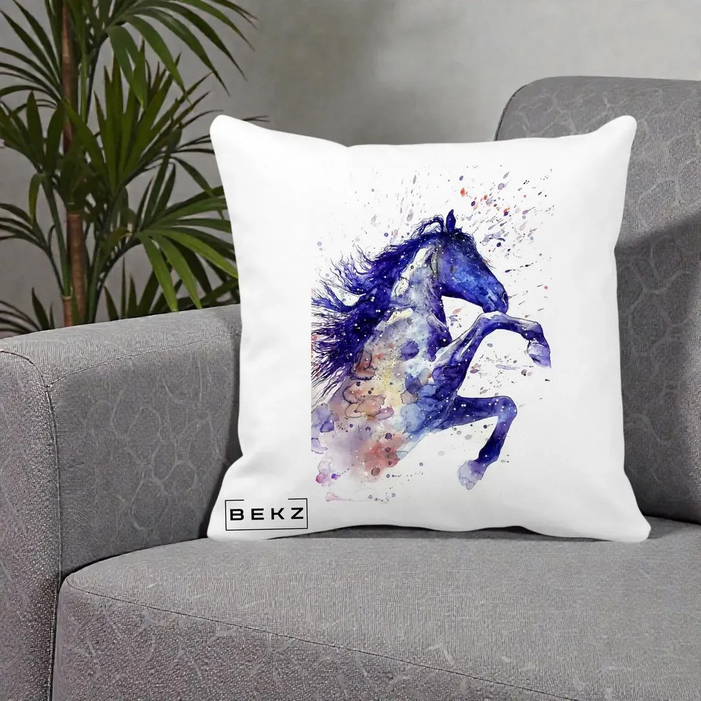 Perna Decorativa Cal Albastru Acuarela, 40x40 cm, Alba Mata, Husa Detasabila, Perna Inclusa, BEKZ®