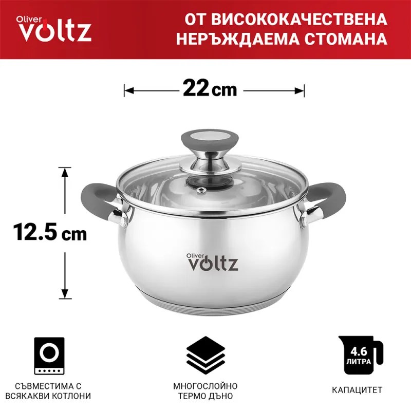 Oala Oliver Voltz OV51210N22, 22 cm, 4,6 l, Inductie, Manere din silicon gri, Inox/Gri