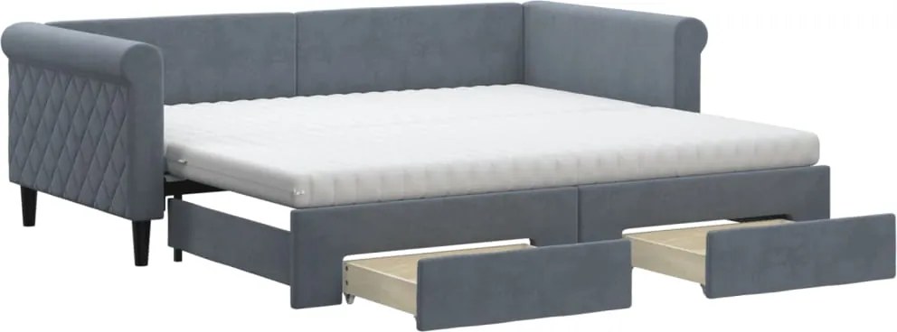 vidaXL Pat de zi cu extensie și sertare, gri închis, 90x190cm catifea