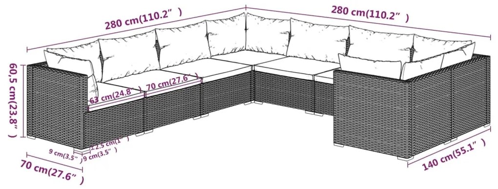 Set mobilier de gradina cu perne, 8 piese, negru, poliratan Negru si albastru, 4x colt + 4x mijloc, 1