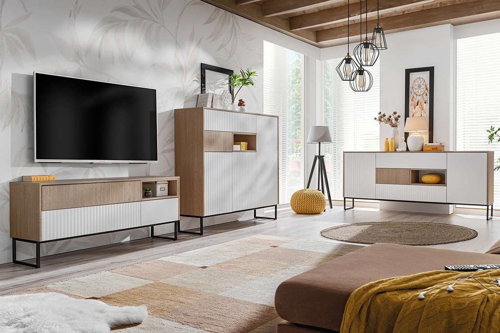 Comodă TV Bliwon 148 cm cu sertare - herringbone scandi/alb mat