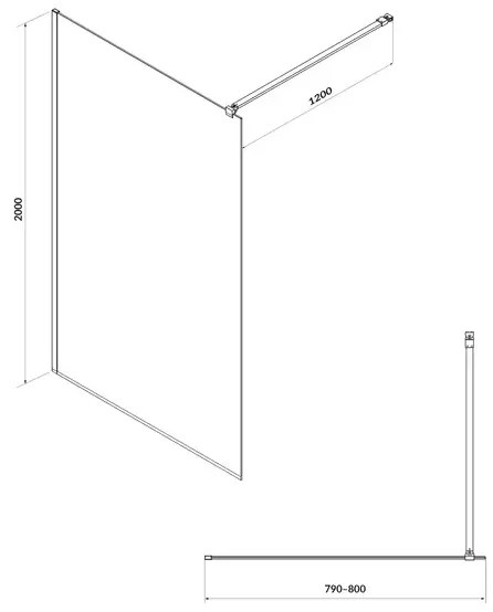 Paravan dus walk-in 80x200 cm Cersanit Mille, sticla securizata, profil negru 800x2000 mm, Negru mat