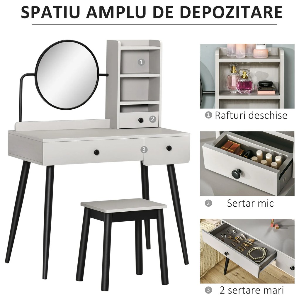 HOMCOM Set Masa de Toaleta Masa de Machiaj, Oglinda si Taburet cu 3 Sertare si Rafturi deschise, Structura din lemn, Gri