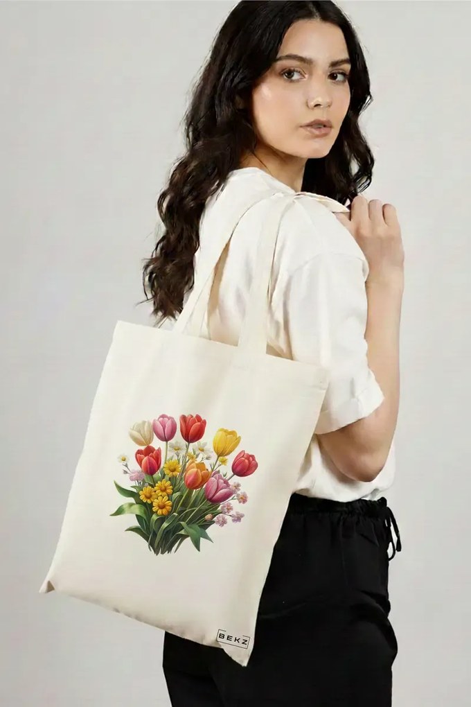 Sacosa de Panza pentru Cumparaturi, Geanta Tote, model Flowers 10 38 x 34.5 cm, Alba, BEKZ®