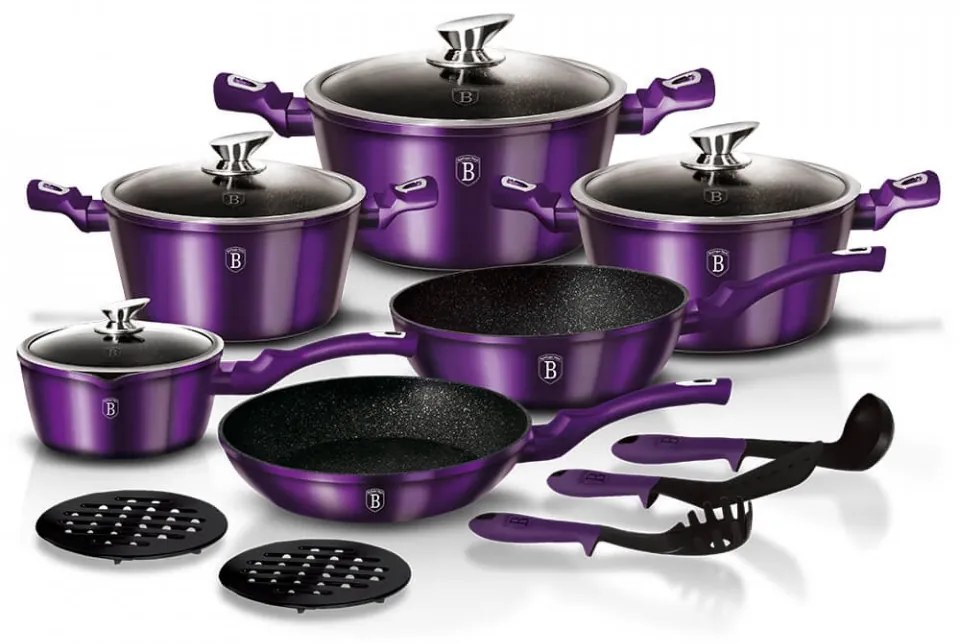 Set oale si tigai marmorate (15 piese) din aluminiu forjat Metallic Line Royal Purple Edition Berlinger Haus BH 1662N